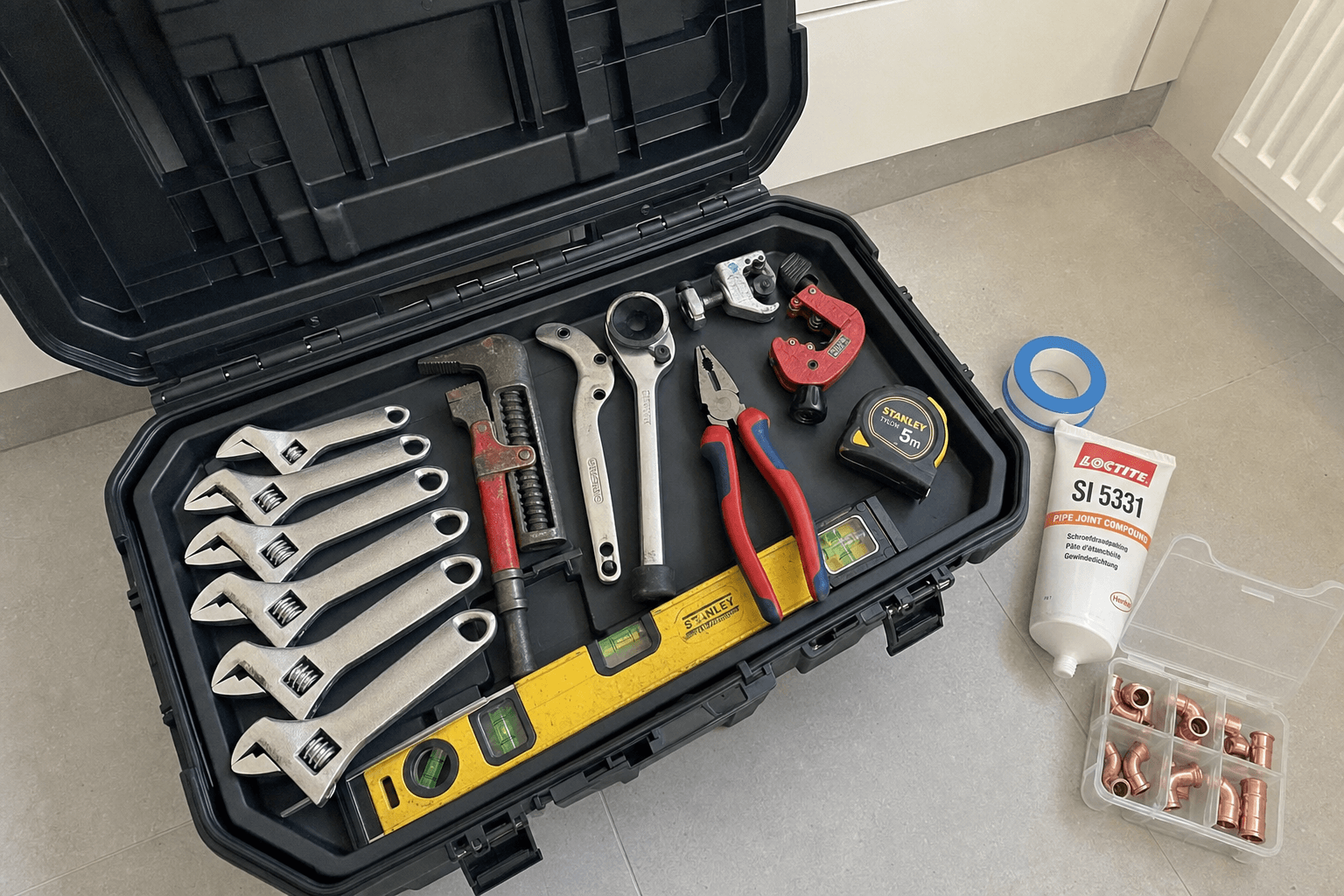 Goed georganiseerde loodgieters gereedschapskist met sleutels, waterpas en accessoires