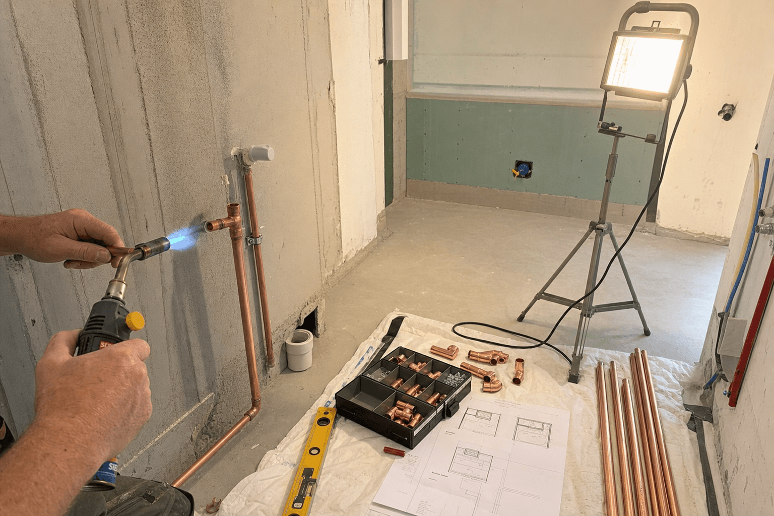 Handen van loodgieter solderen koperen leidingen tijdens een badkamerrenovatie in een Amsterdams appartement