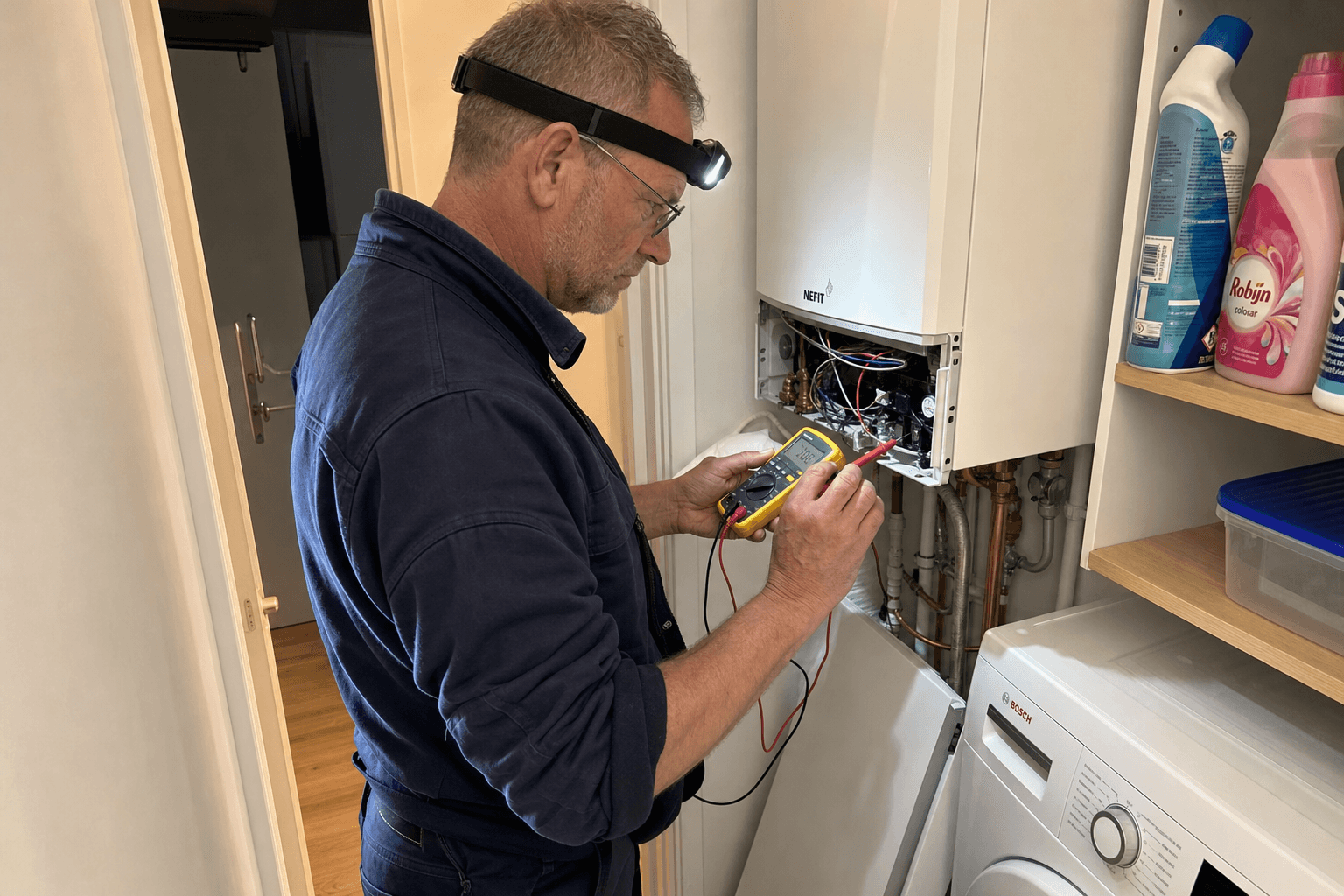 Ervaren loodgieter meet een cv-ketel met digitale multimeter, gezicht in profiel zichtbaar