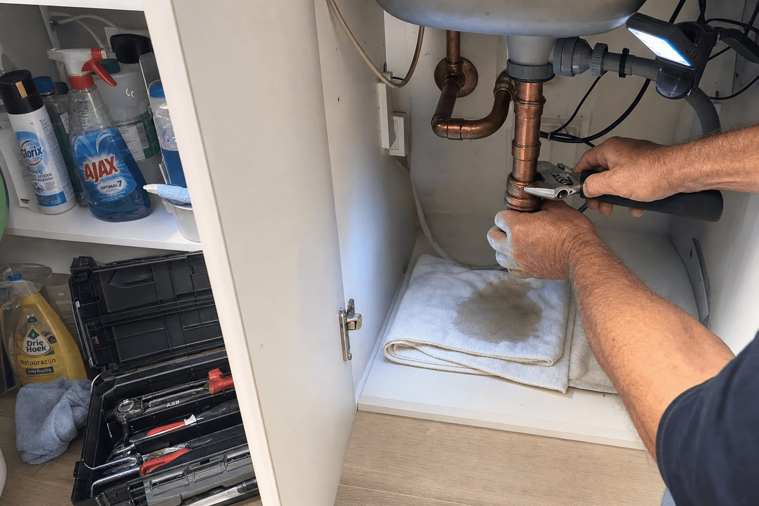 Handen van loodgieter repareren lekkage onder een schone keukenkast in een Amsterdamse woning