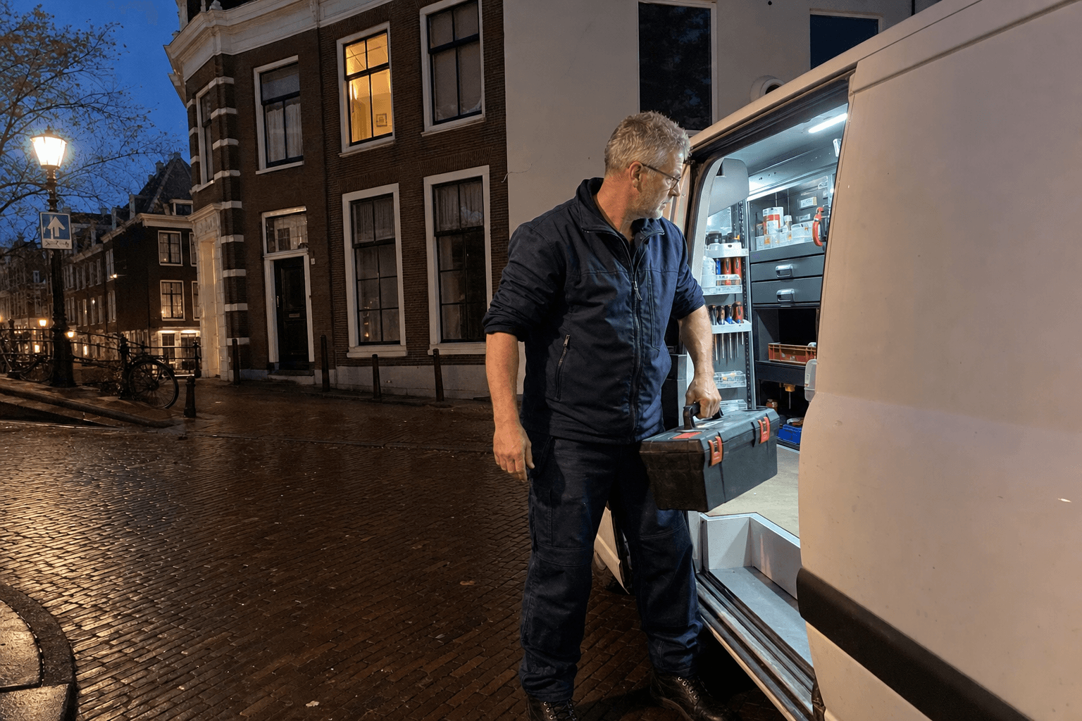 Ervaren loodgieter pakt gereedschap uit bestelbus s avonds in Amsterdamse straat, klaar voor spoedklus